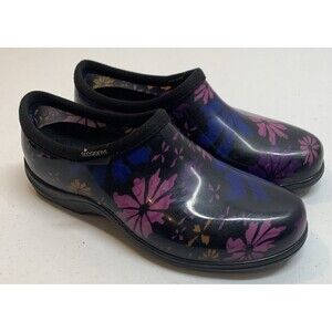 Sloggers Women's 8 Floral Garden Shoes Black Purple Blue Slip Ons